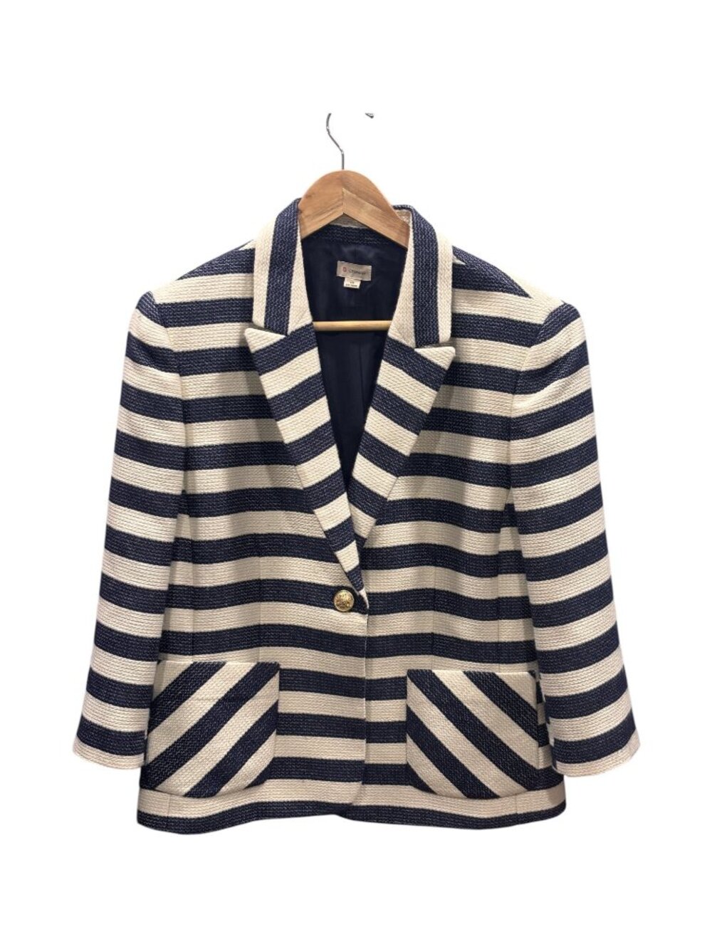 Striped Blazer Navy Cream Gold Buttons Polyester Acetate Lining